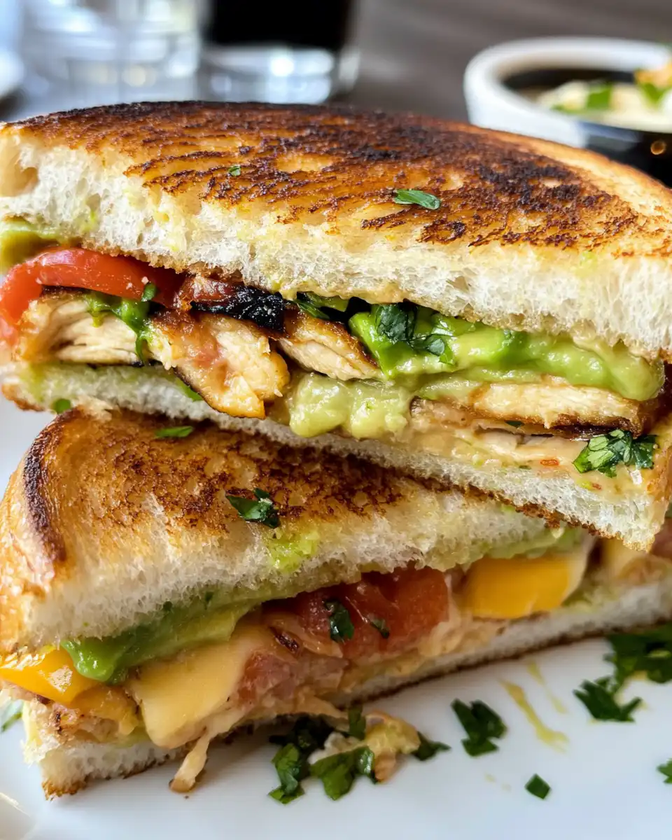 Grilled chicken avocado melt sandwich with melted cheese