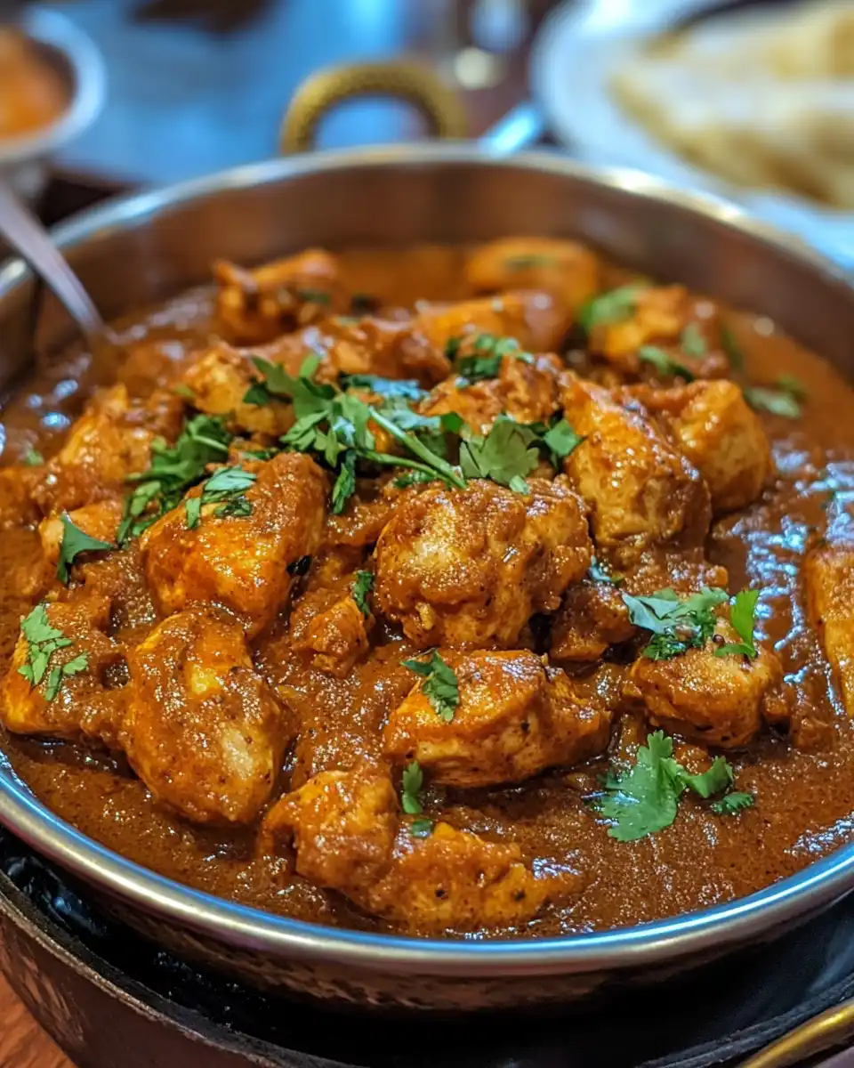 Plated Instant Pot Chicken Bhuna ready to serve with cilantro garnish