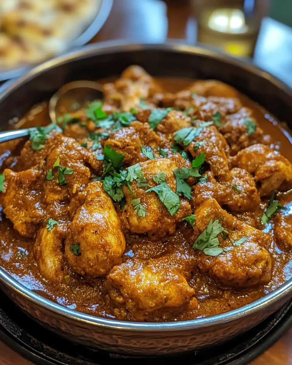 Steam rising from Instant Pot Chicken Bhuna in cooking process