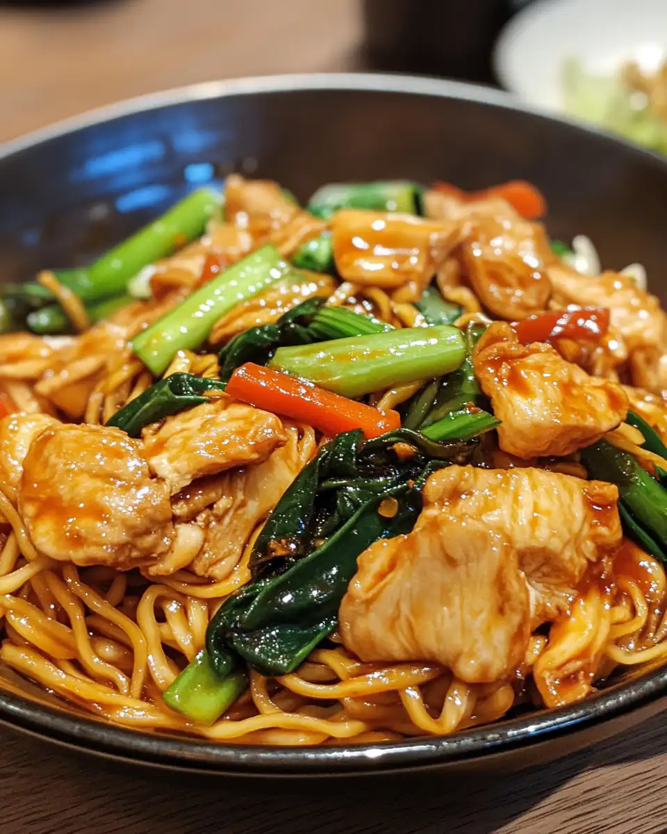 Ingredients for chicken chow mein including chicken, vegetables, and sauces