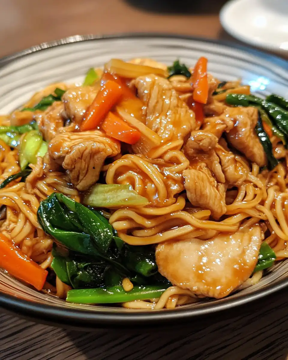 Close-up of chicken chow mein cooking in pressure cooker, steam visible