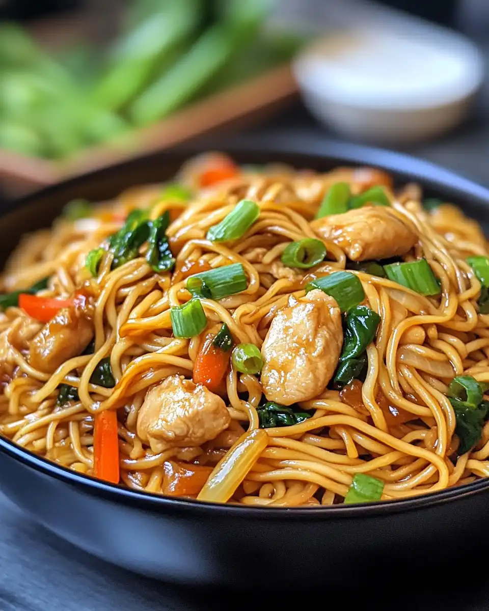 Ingredients for chicken chow mein including noodles, chicken, and veggies arranged