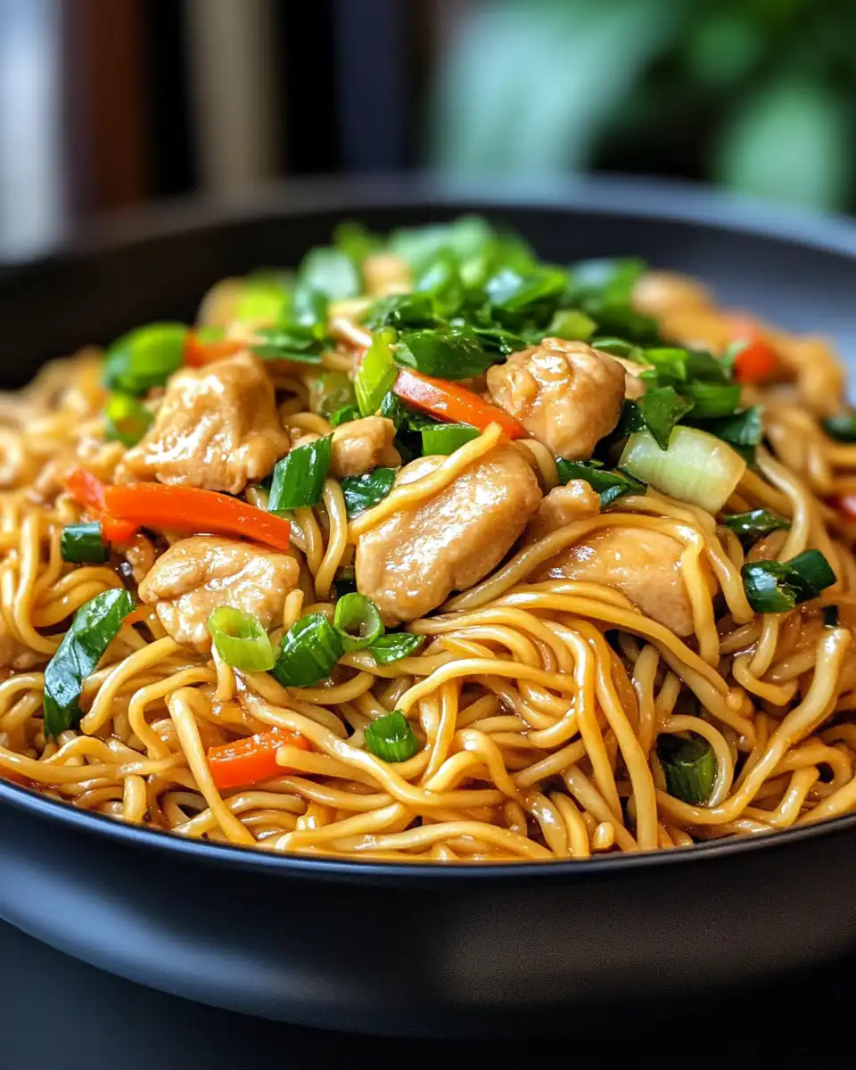 Served chicken chow mein in a bowl garnished with green onions