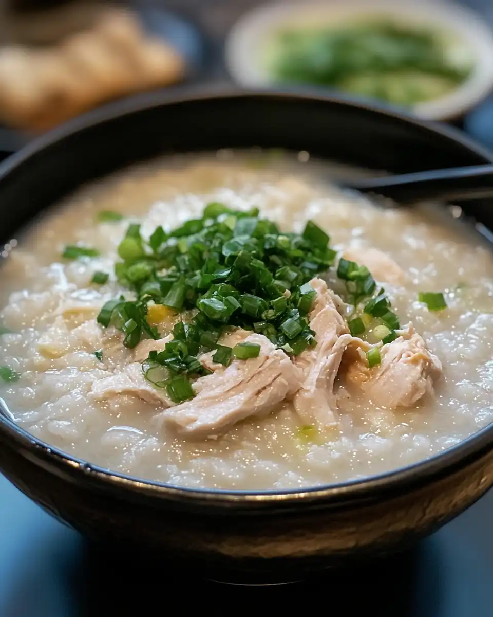 Ingredients for chicken congee including chicken, rice, ginger, and broth