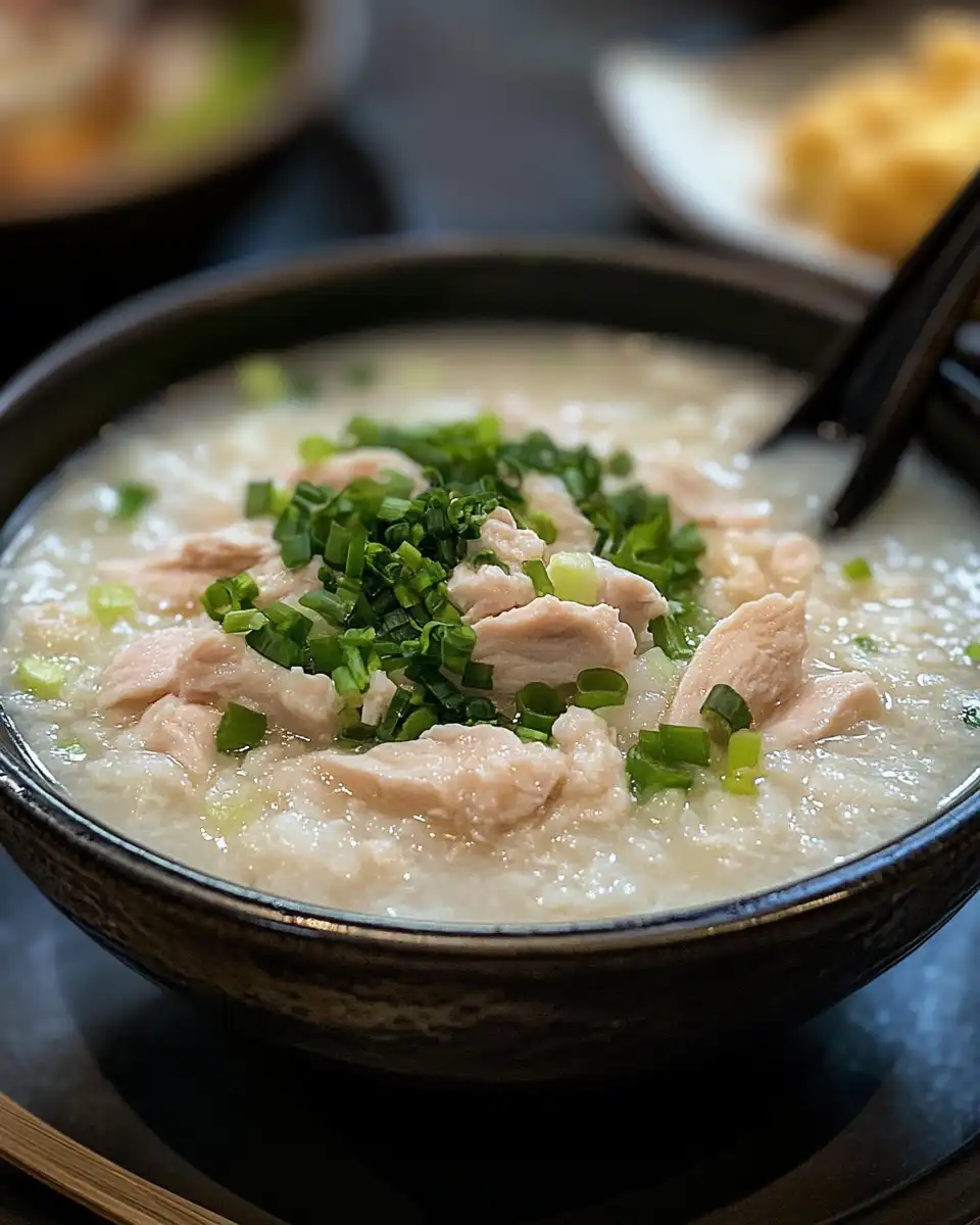 Bowl of steaming chicken congee topped with green onions and toasted sesame oil