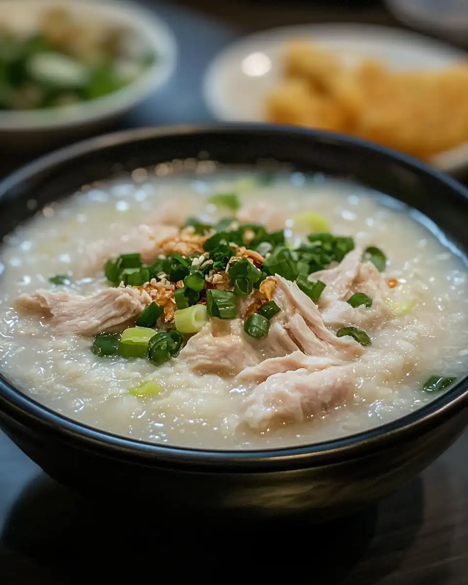Steaming pot of chicken congee with ginger and green onions