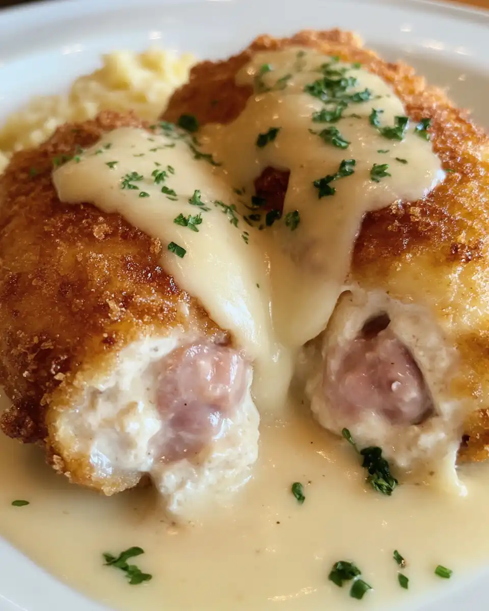 Breaded chicken breasts folded around ham and swiss cheese with mayo and Dijon mustard spread