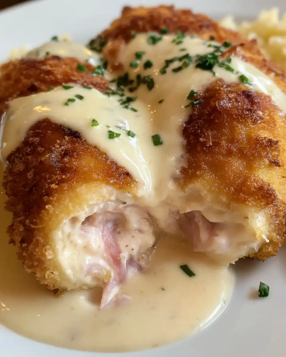 Plated chicken cordon bleu with golden crust and parmesan sauce