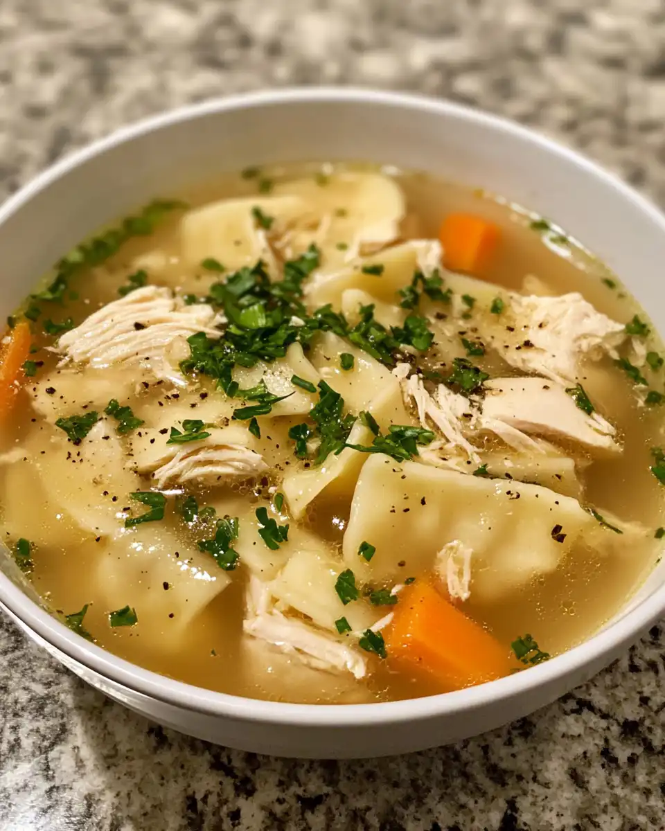 Bowl of fresh homemade chicken dumpling soup ready to serve
