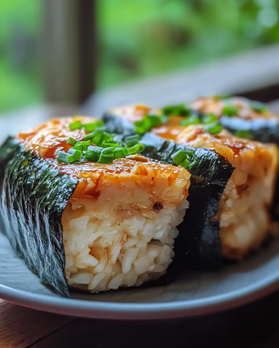 Finished chicken onigiri served and ready to enjoy with a crunchy nori wrap