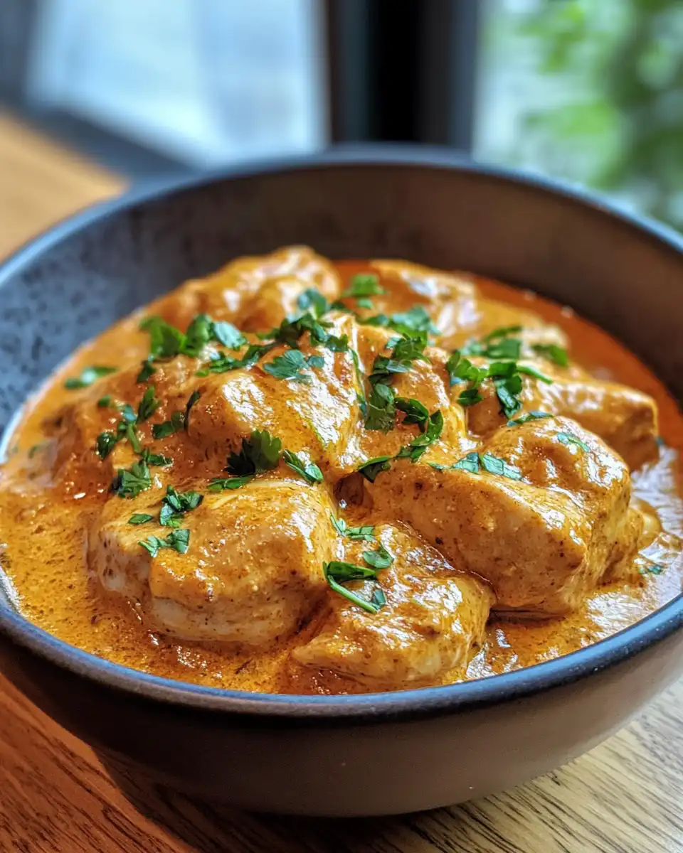 Finished chicken paprikash served with garnish and creamy sauce