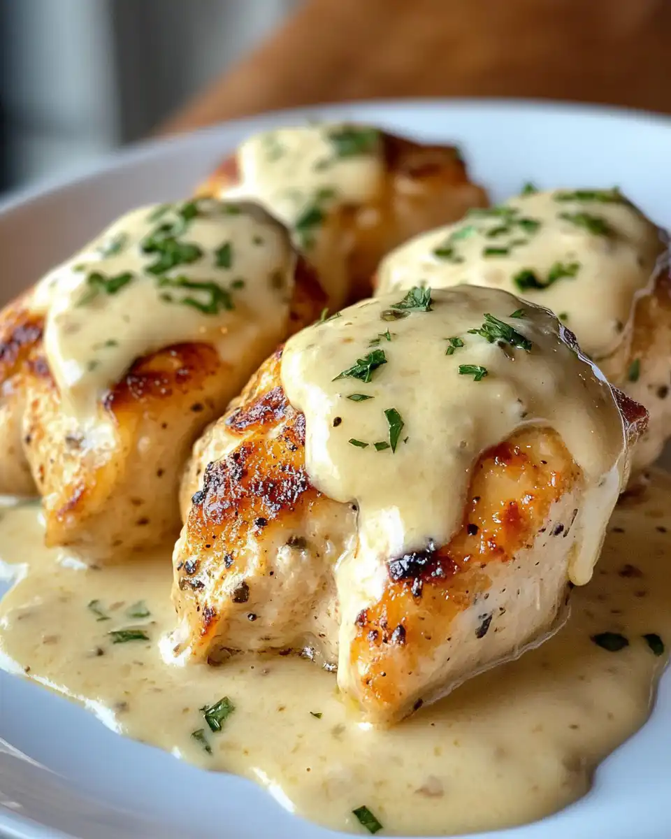 Golden baked chicken pillows served with creamy parmesan sauce
