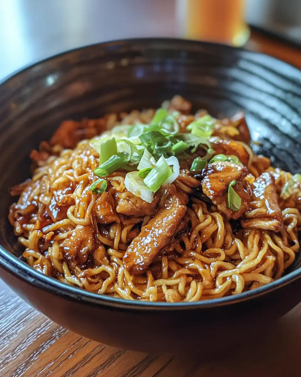 Close up of easy chicken ramen stir fry cooked in pressure cooker