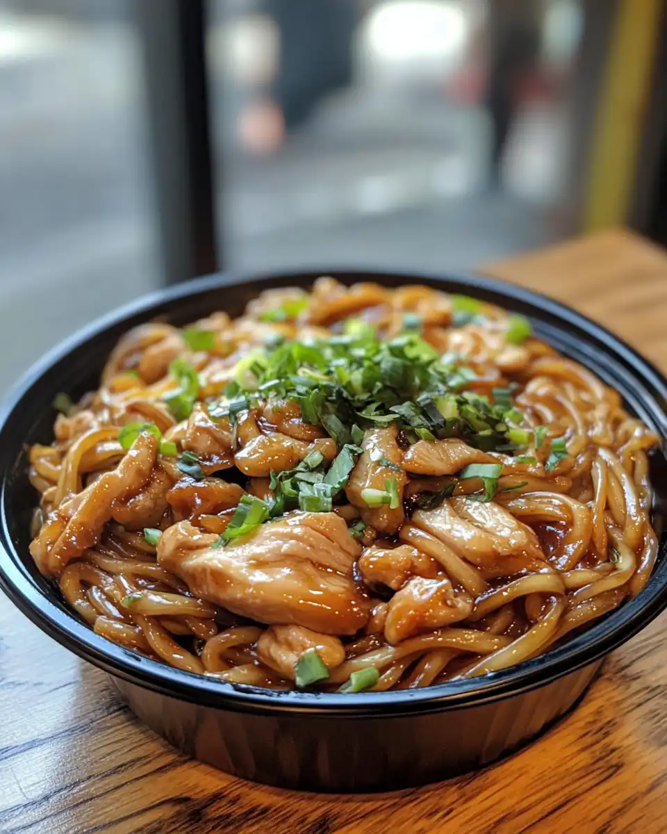 Ingredients and cooking process of chicken teriyaki noodles in pressure cooker pan