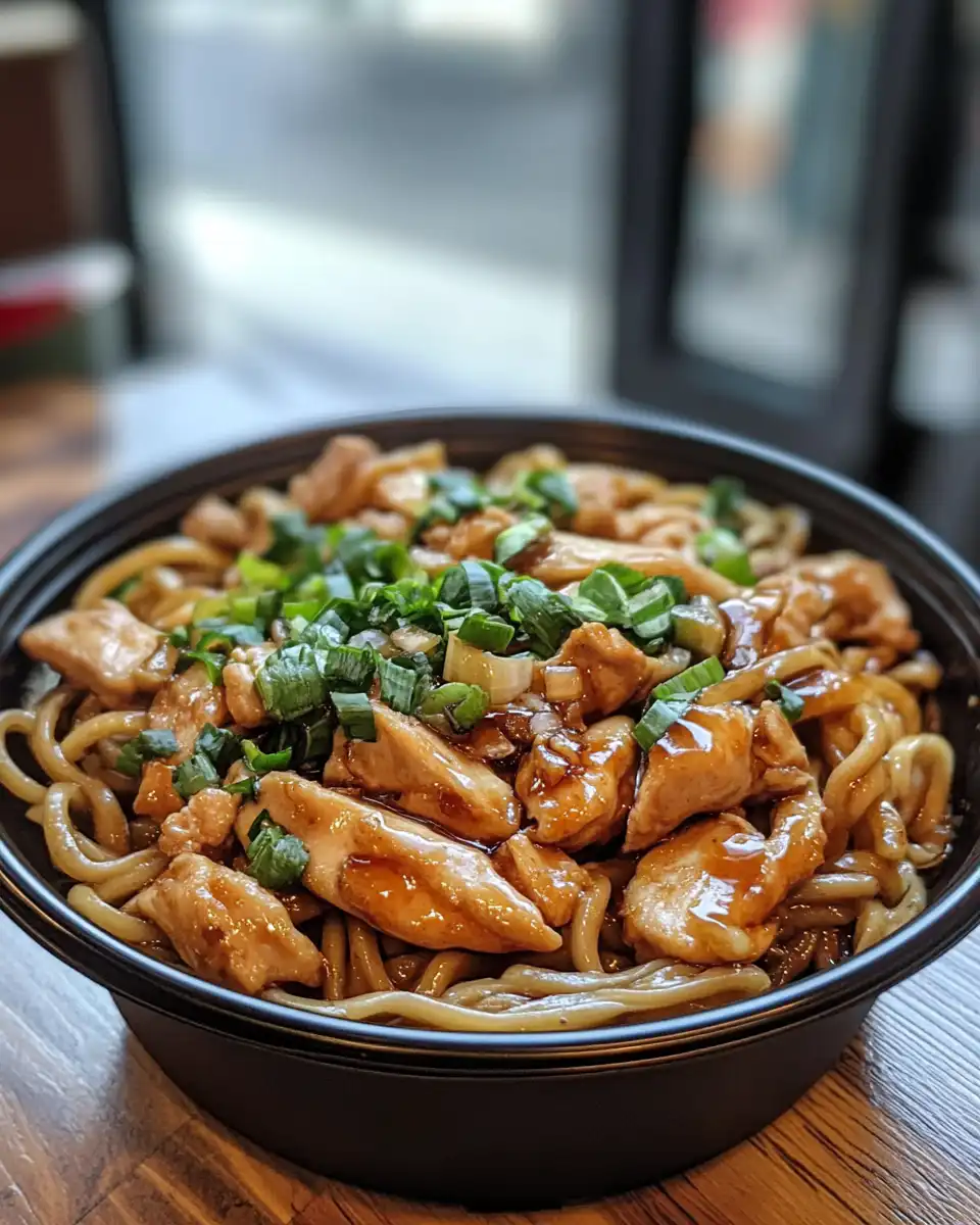 Finished chicken teriyaki noodles served on plate with sesame seeds and green onions