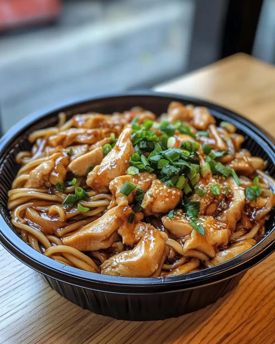 Pressure cooker cooking chicken teriyaki noodles with soy sauce and garlic aroma