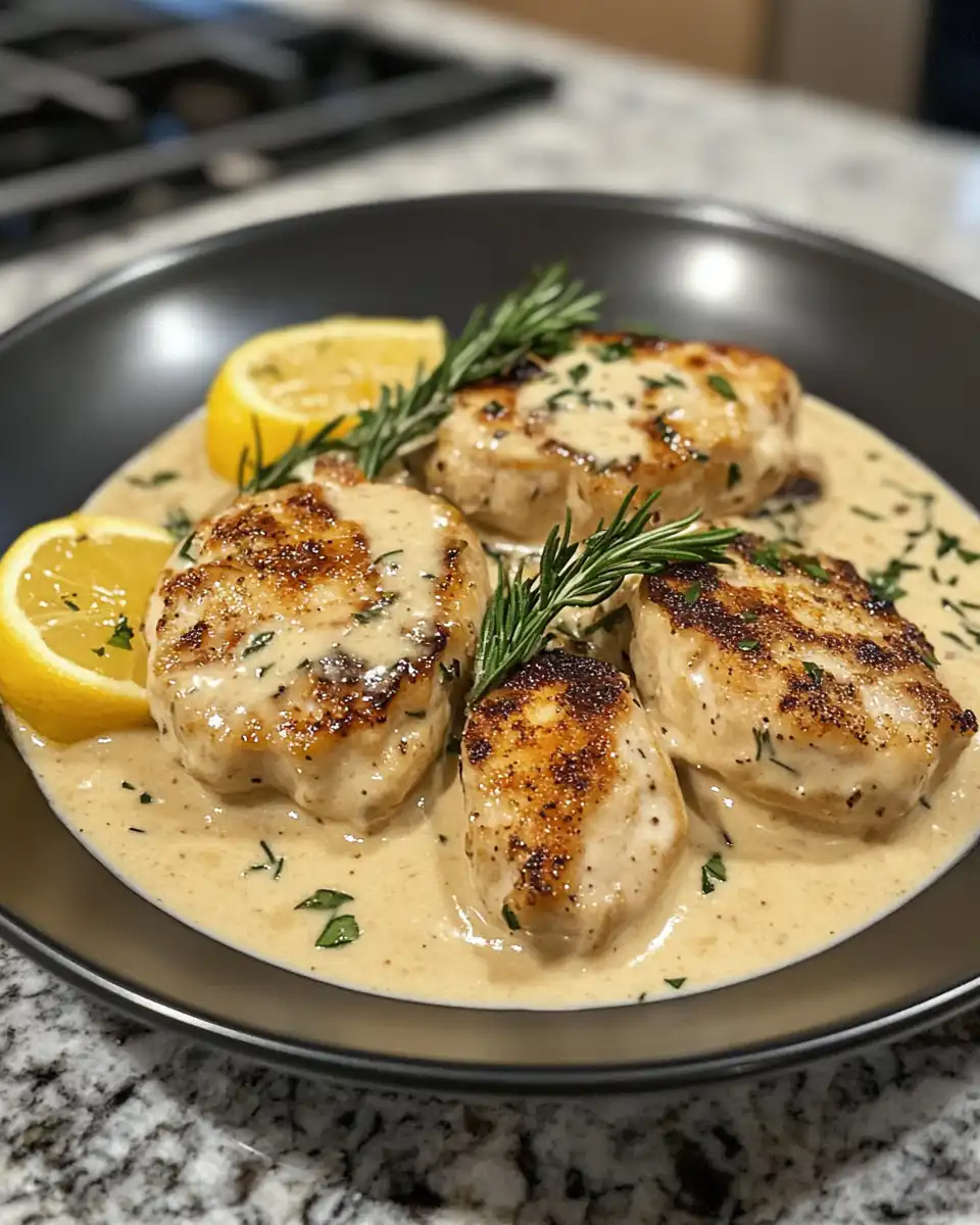 Plated chicken with whiskey cream sauce ready to serve