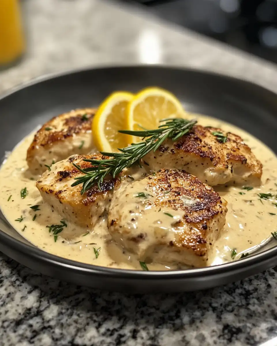 Close-up of chicken with whiskey cream sauce cooking in skillet