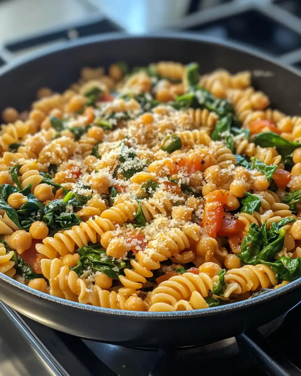 Ingredients ready for sautéing chickpeas, garlic and spinach in the skillet