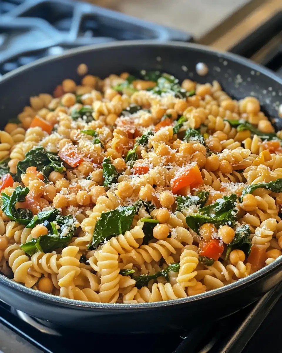 Finished chickpea and spinach pasta served warm on a plate