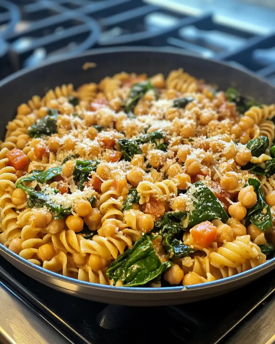 Creamy chickpea and spinach pasta fresh out of the pressure cooker