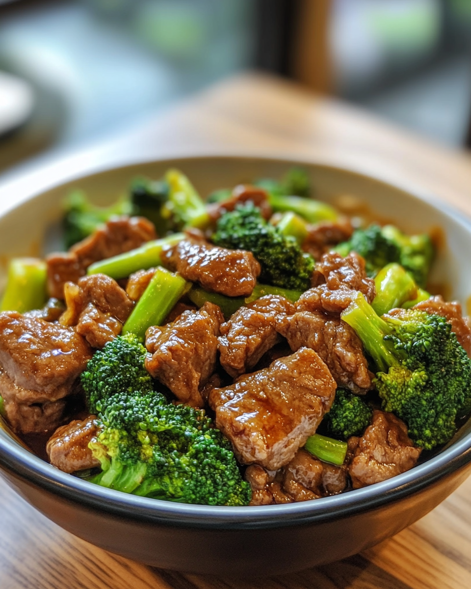 Plated Chinese beef and broccoli ready to serve