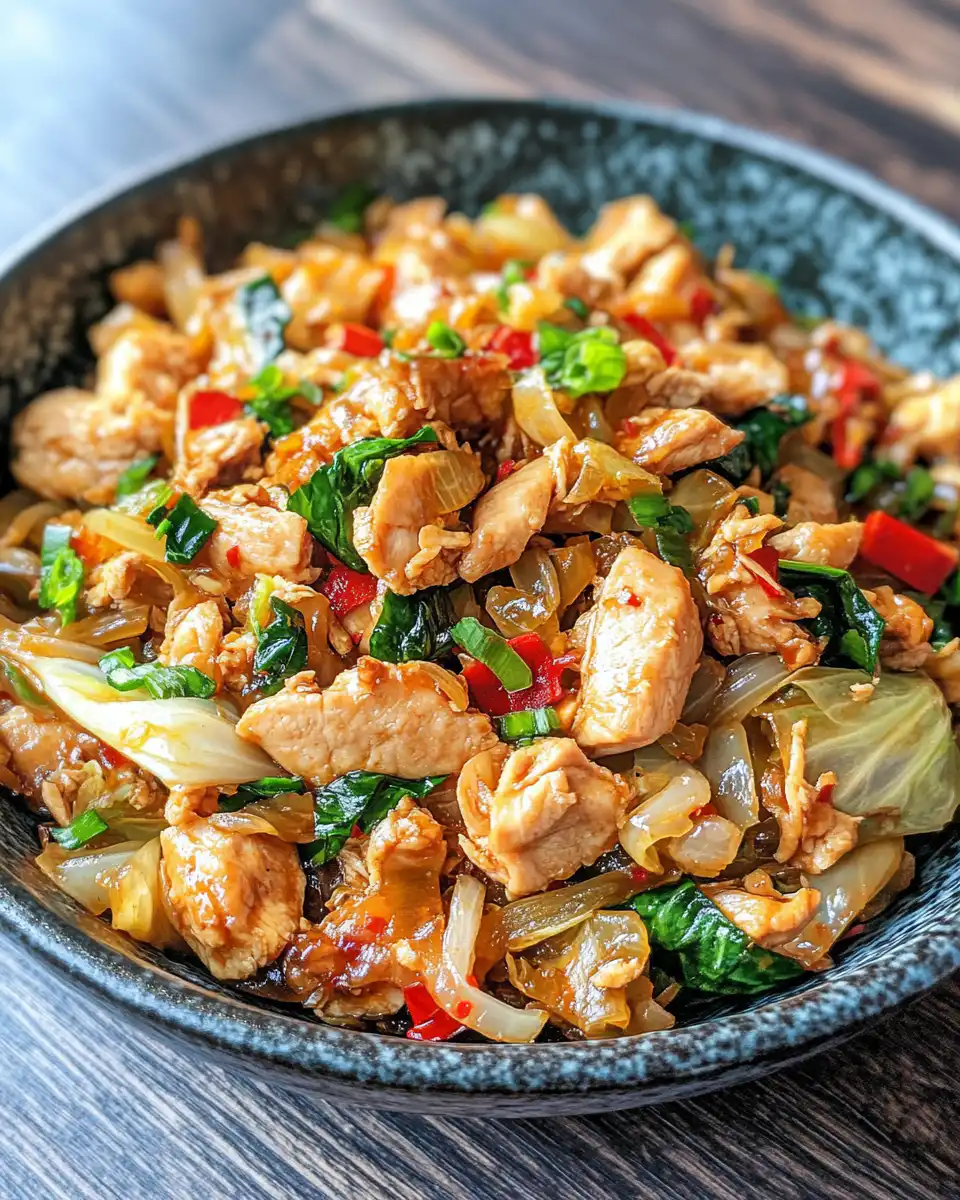 Serving bowl of Chinese chicken and cabbage stir fry garnished with sesame seeds