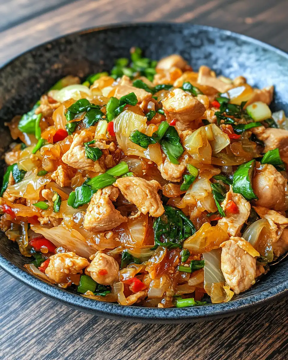 Freshly cooked Chinese chicken and cabbage stir fry steaming hot