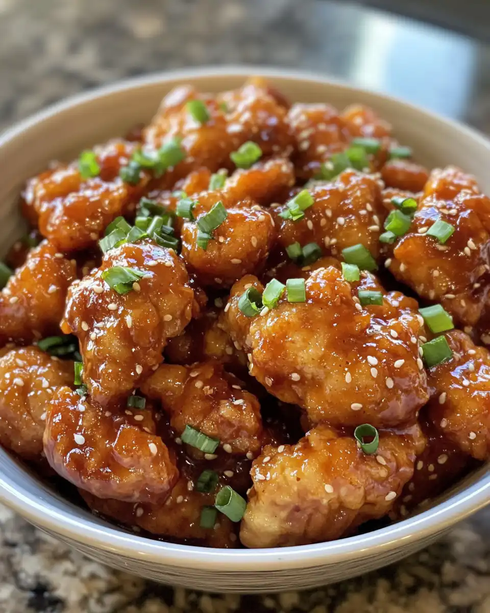Finished Chinese lemon chicken served with lemon slices and green onion garnish