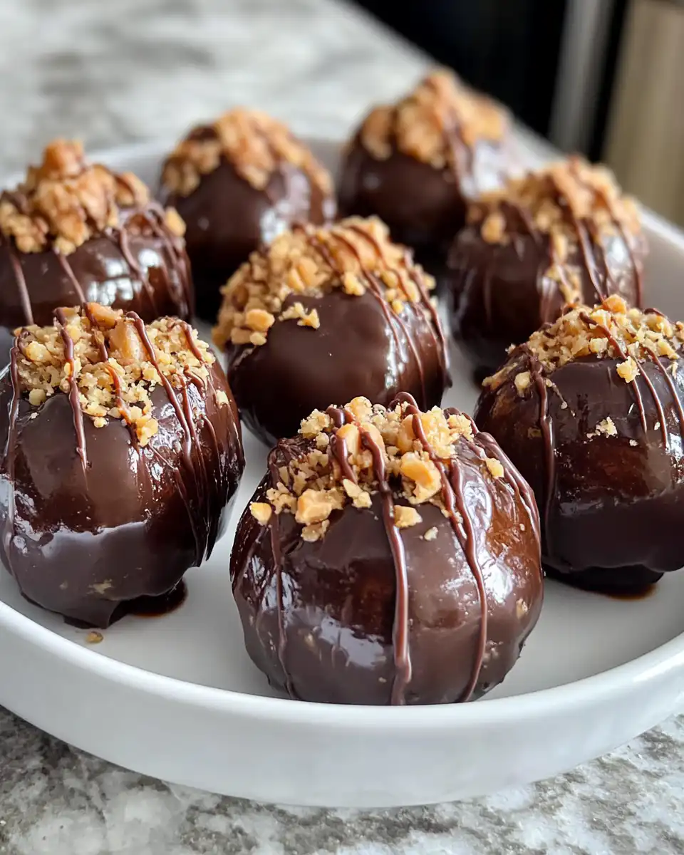 Close-up of chocolate dipped stuffed date showing texture and salt flakes
