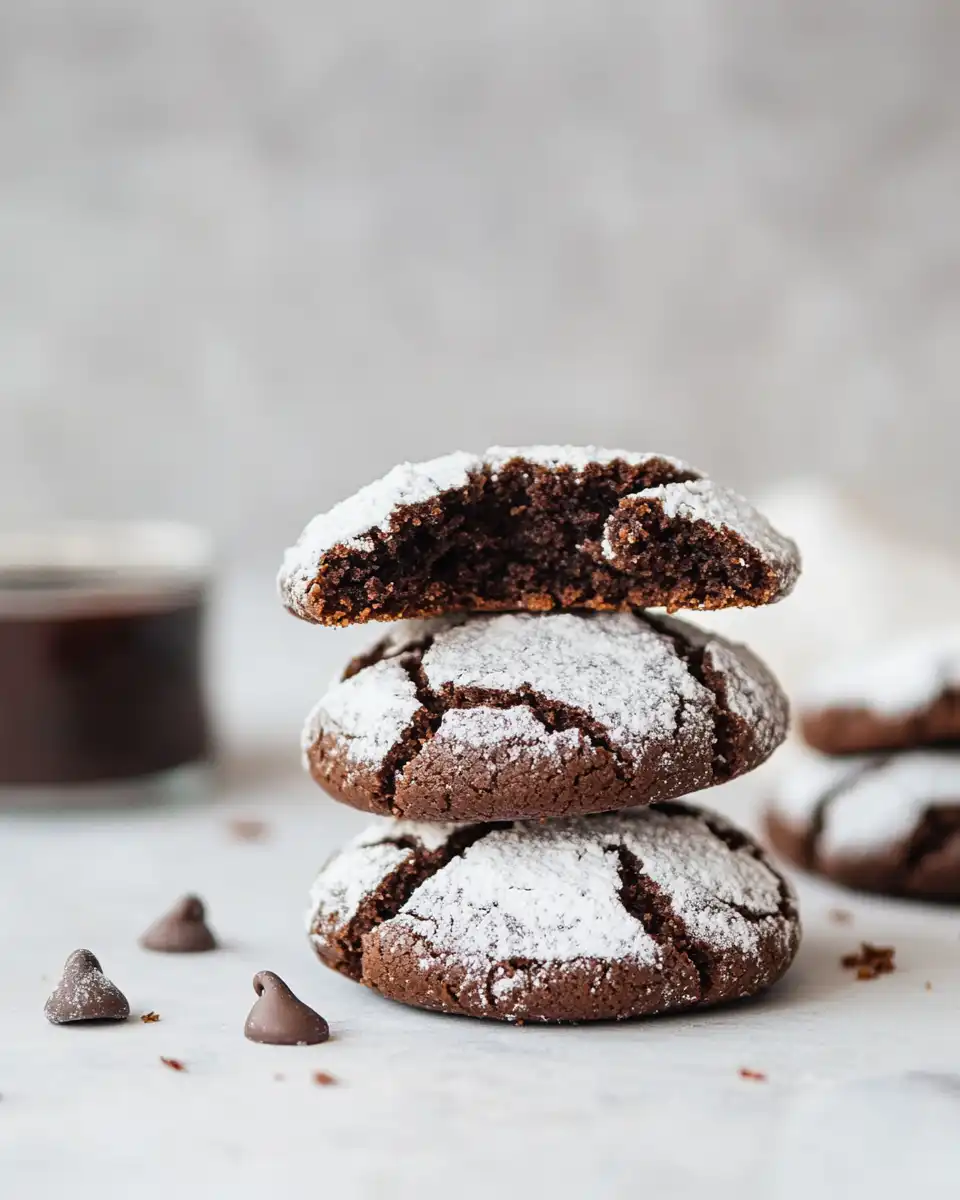 Stack of powdered sugar coated chocolate crinkle cookies ready to enjoy