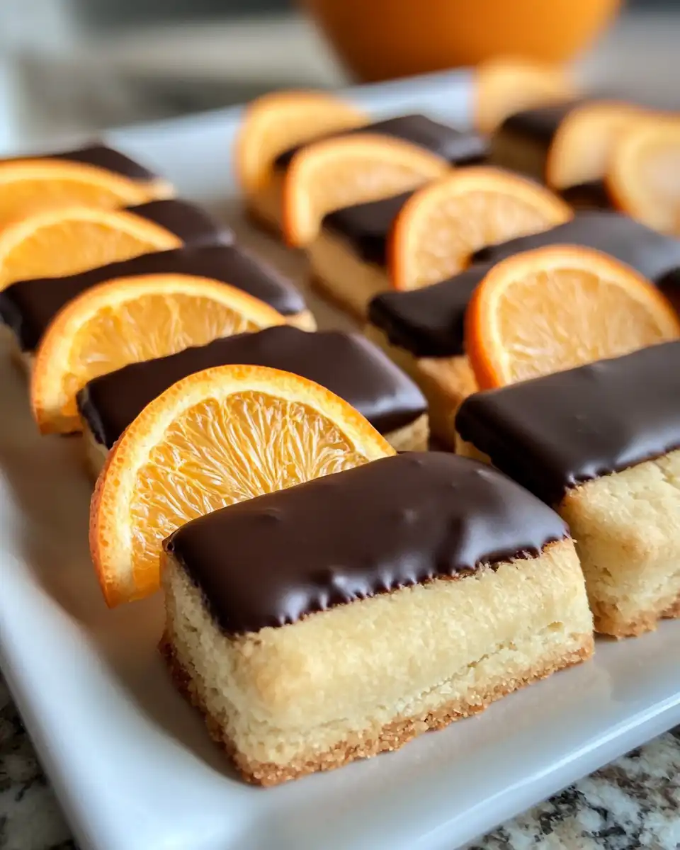 Close-up of chocolate dipped orange shortbread cookies ready to be served