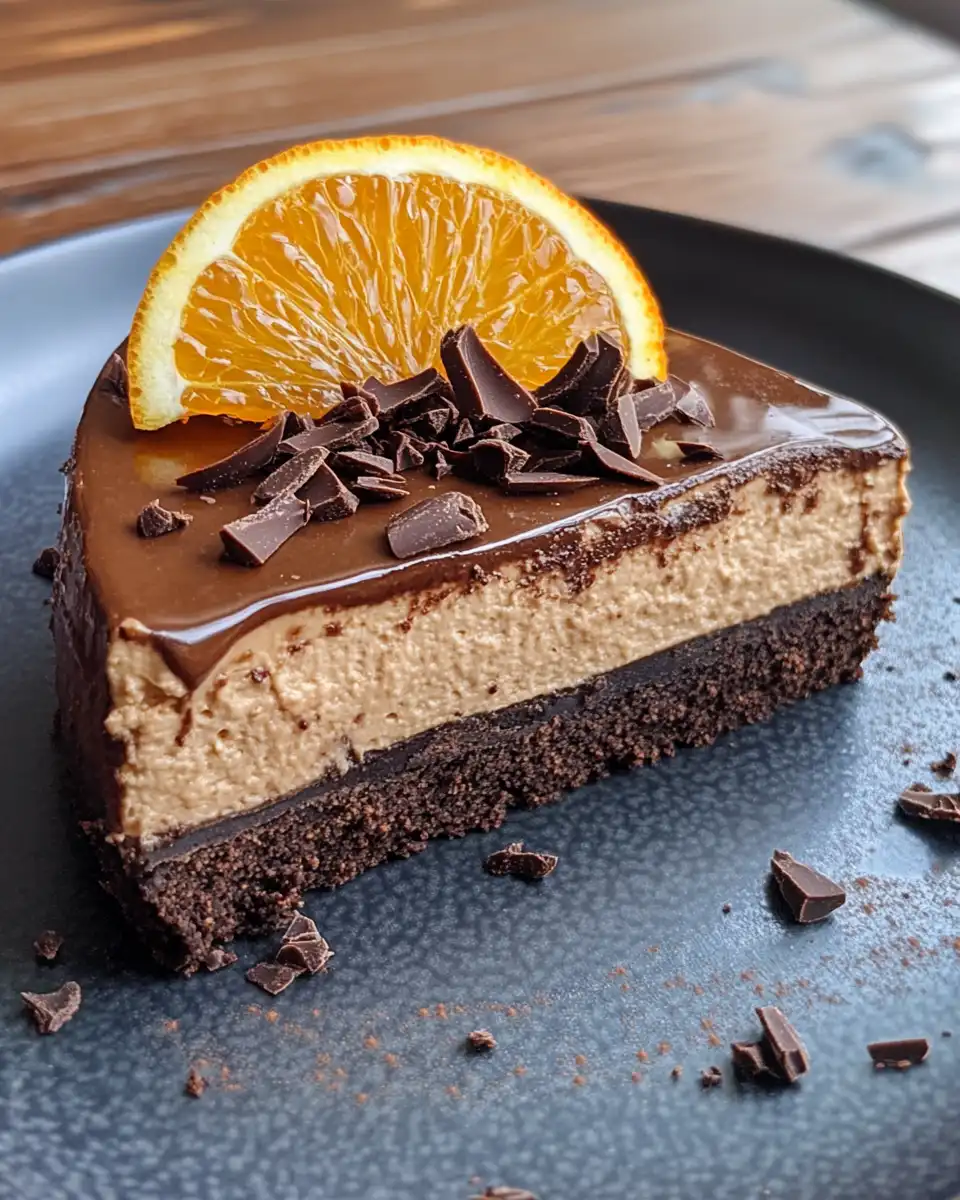 Served slice of chocolate orange cheesecake with luxurious textures