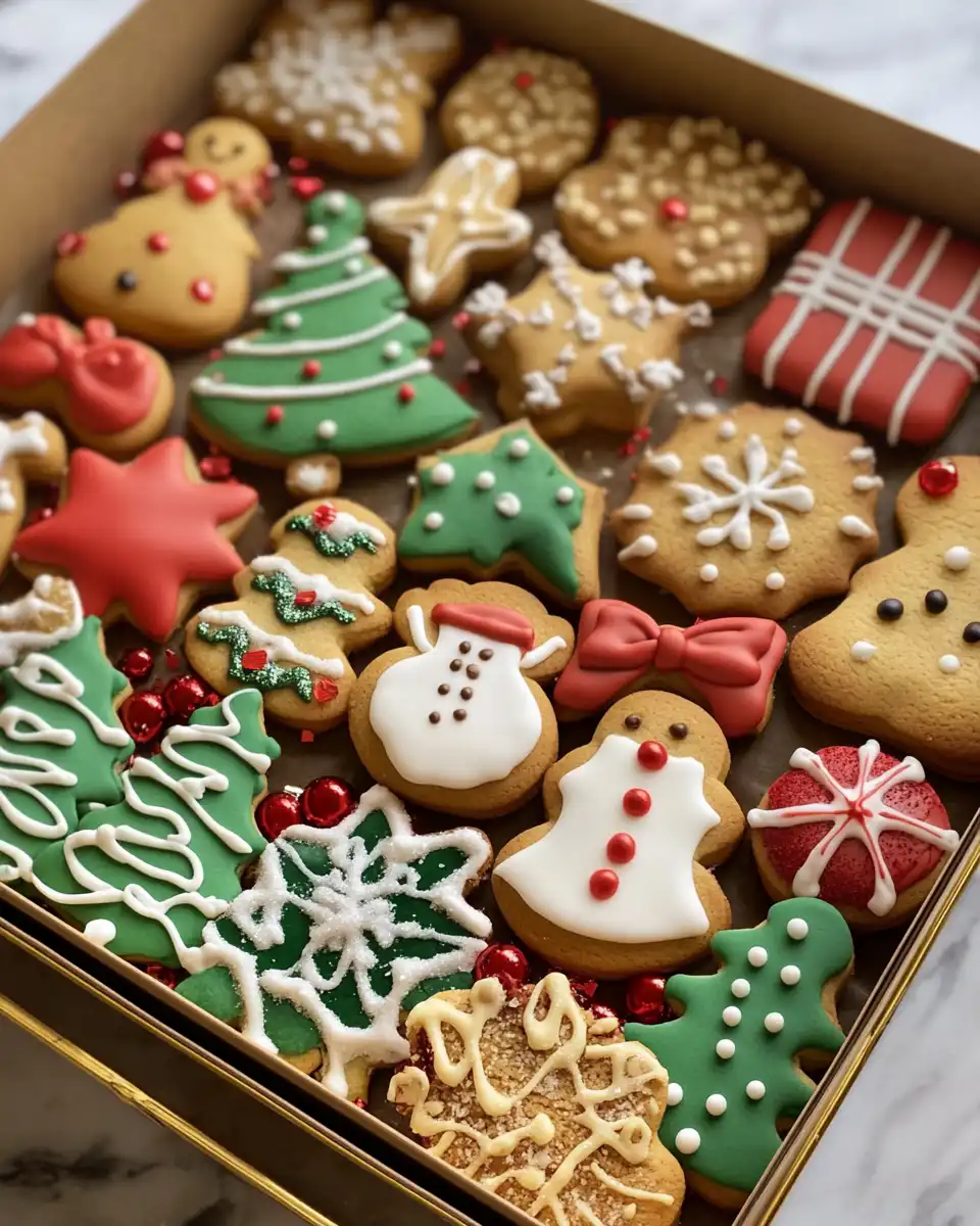 Christmas cookie box with festive cookies on a wooden kitchen table