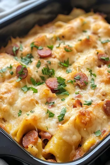 Classic Crockpot Pierogi Casserole with Kielbasa taken with iphone 15 pro max --iw 2 --ar 4:5 --v 6.1 --raw