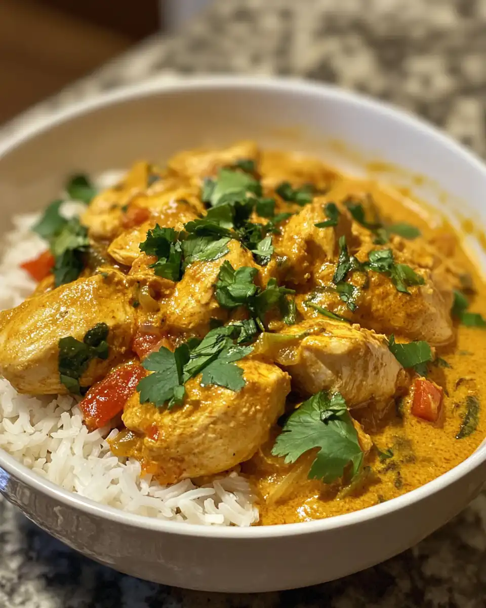 Plated coconut curry chicken served over rice with cilantro garnish