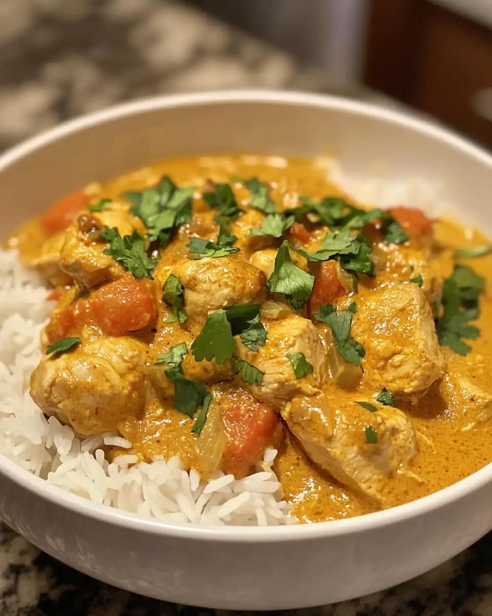 Close-up of bubbling coconut curry chicken cooking in pressure cooker