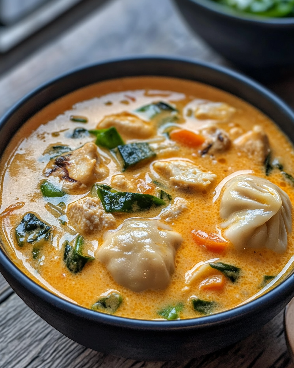 Bowl of coconut curry soup with tender gyozas and fresh garnishes