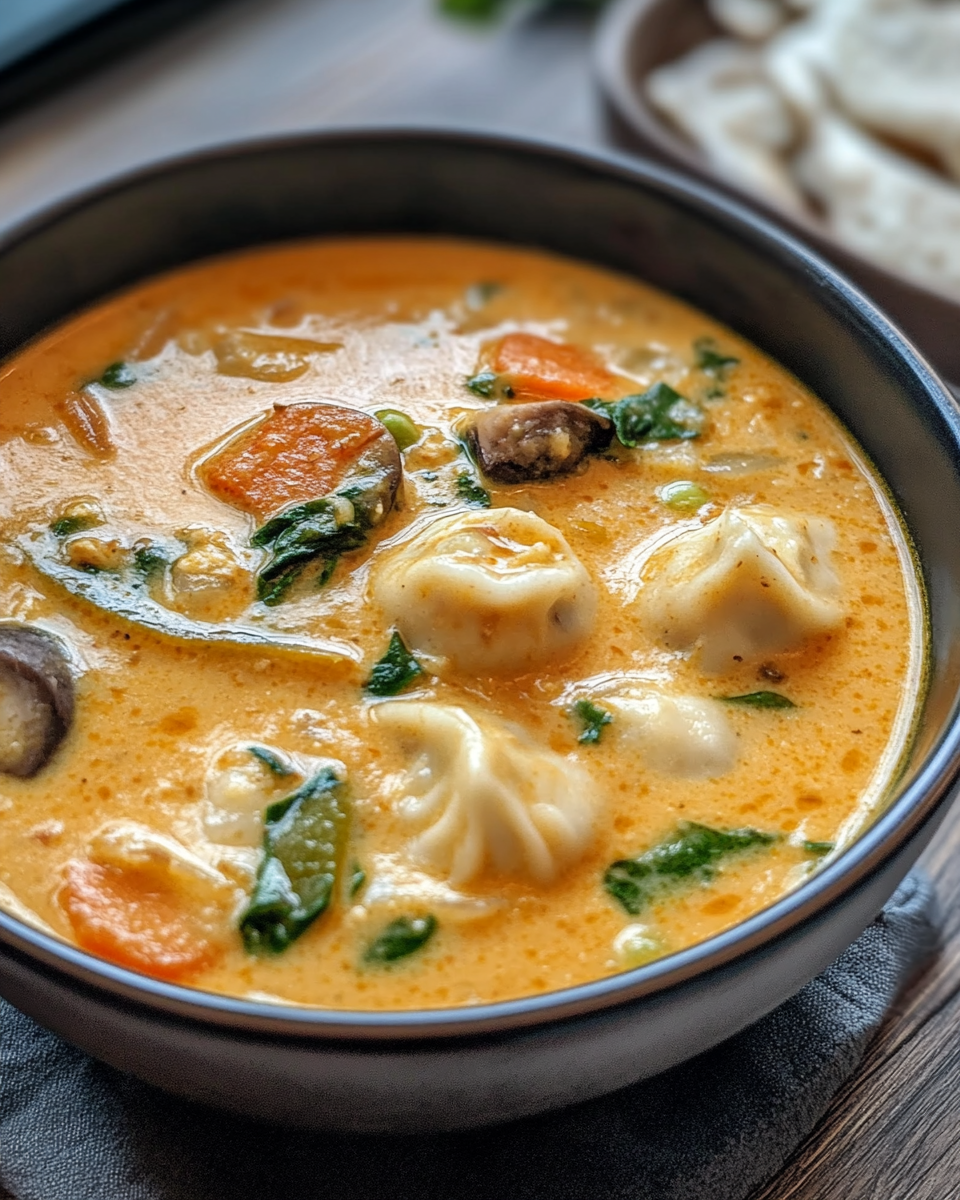 Steam rising from pressure cooker with coconut curry soup and dumplings