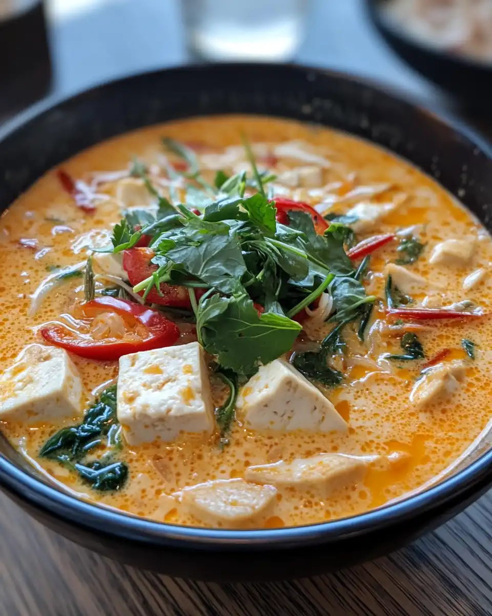 Bowl of finished coconut tofu soup garnished with cilantro and chili oil