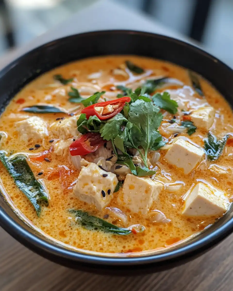 Fresh steaming coconut tofu soup in pressure cooker signaling cozy comfort food