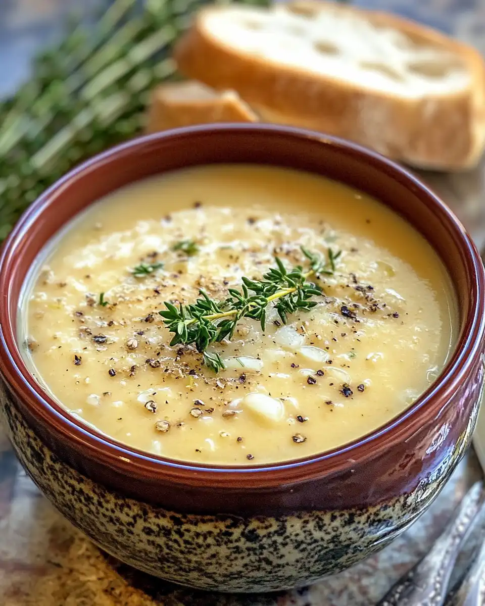 Sauteing onion and garlic with herbs for country French garlic soup