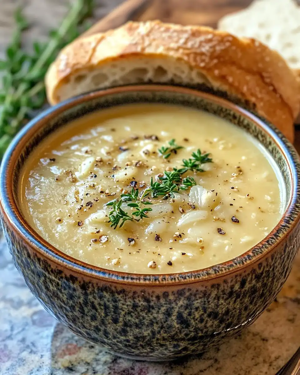 Bowl of country French garlic soup served with crispy crostinis on top