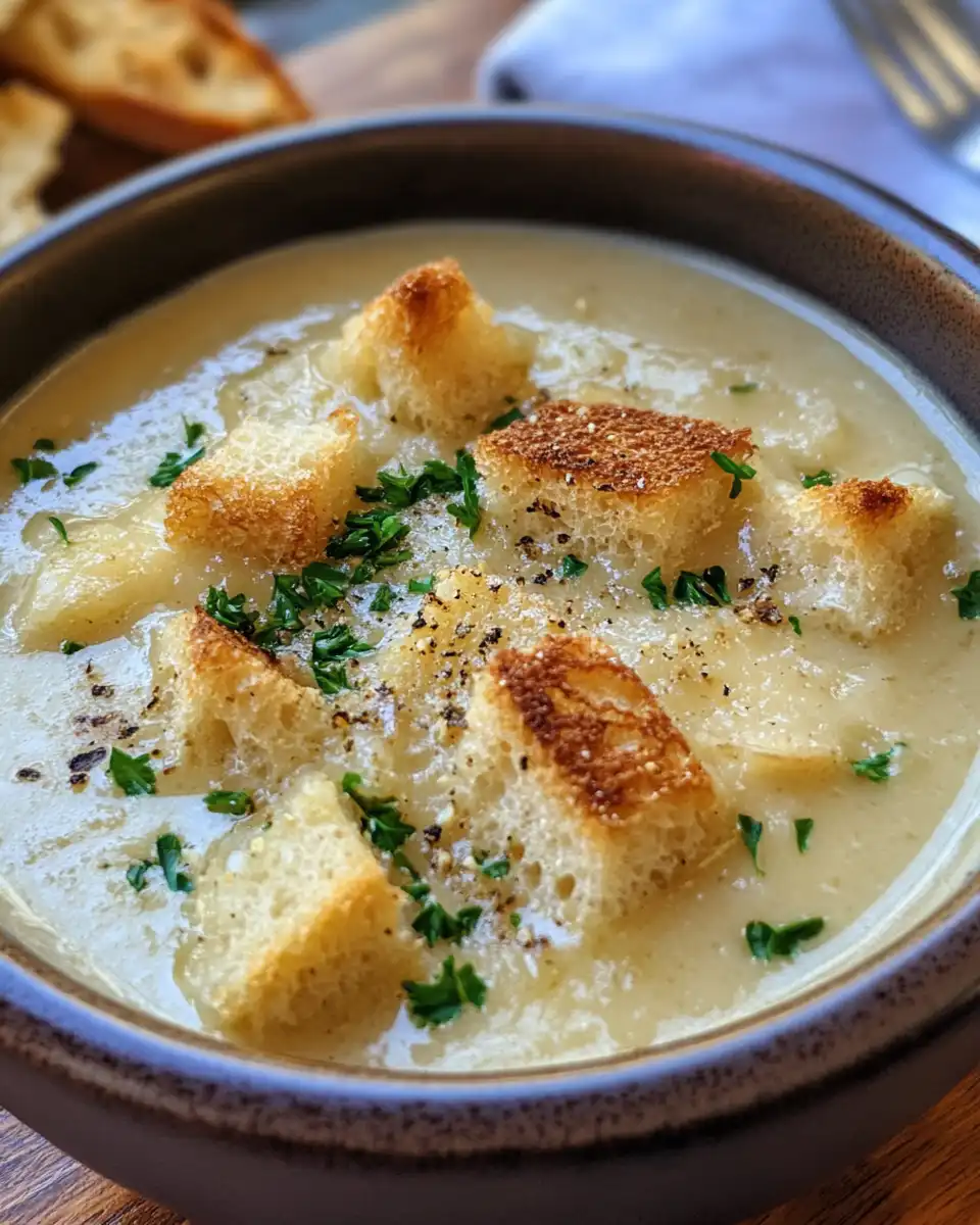 Close-up of creamy French garlic soup in a bowl with crostinis on the side