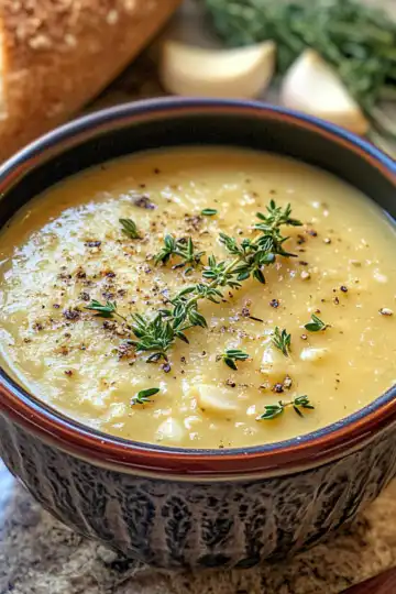 Country French Garlic Soup taken with iphone 15 pro max --iw 2 --ar 4:5 --v 6.1 --raw