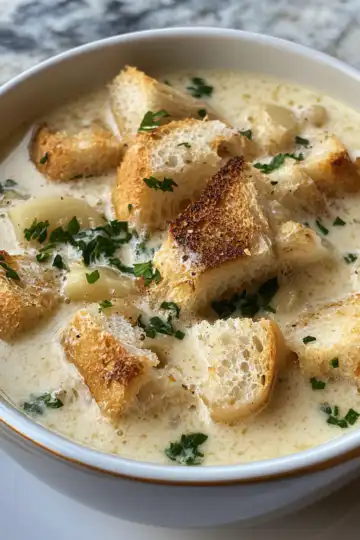 Country French Garlic Soup taken with iphone 15 pro max --iw 2 --ar 4:5 --v 6.1 --raw