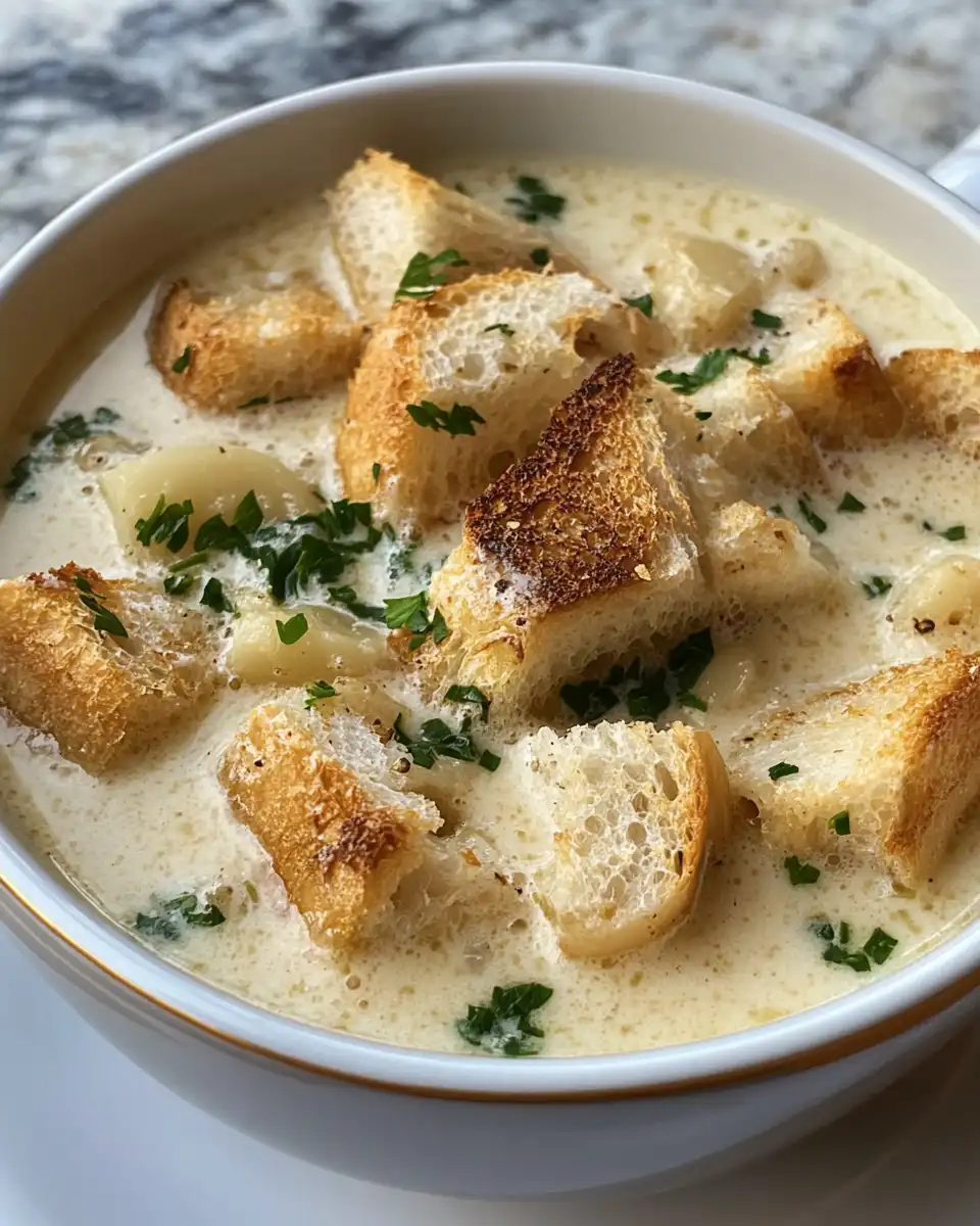 Pressure cooked French garlic soup bubbling with garlic cloves and parmesan