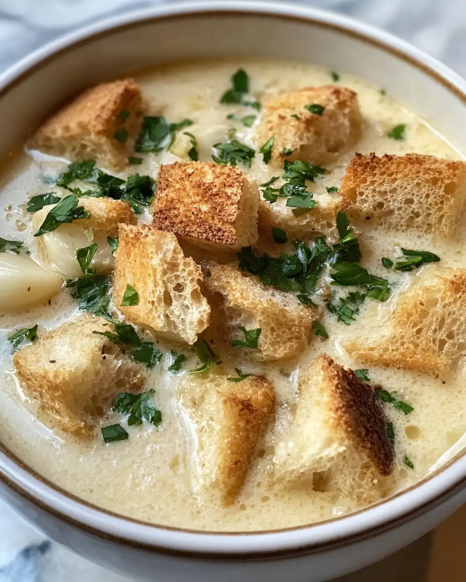 Halved garlic cloves with herbs sauteeing for French garlic soup