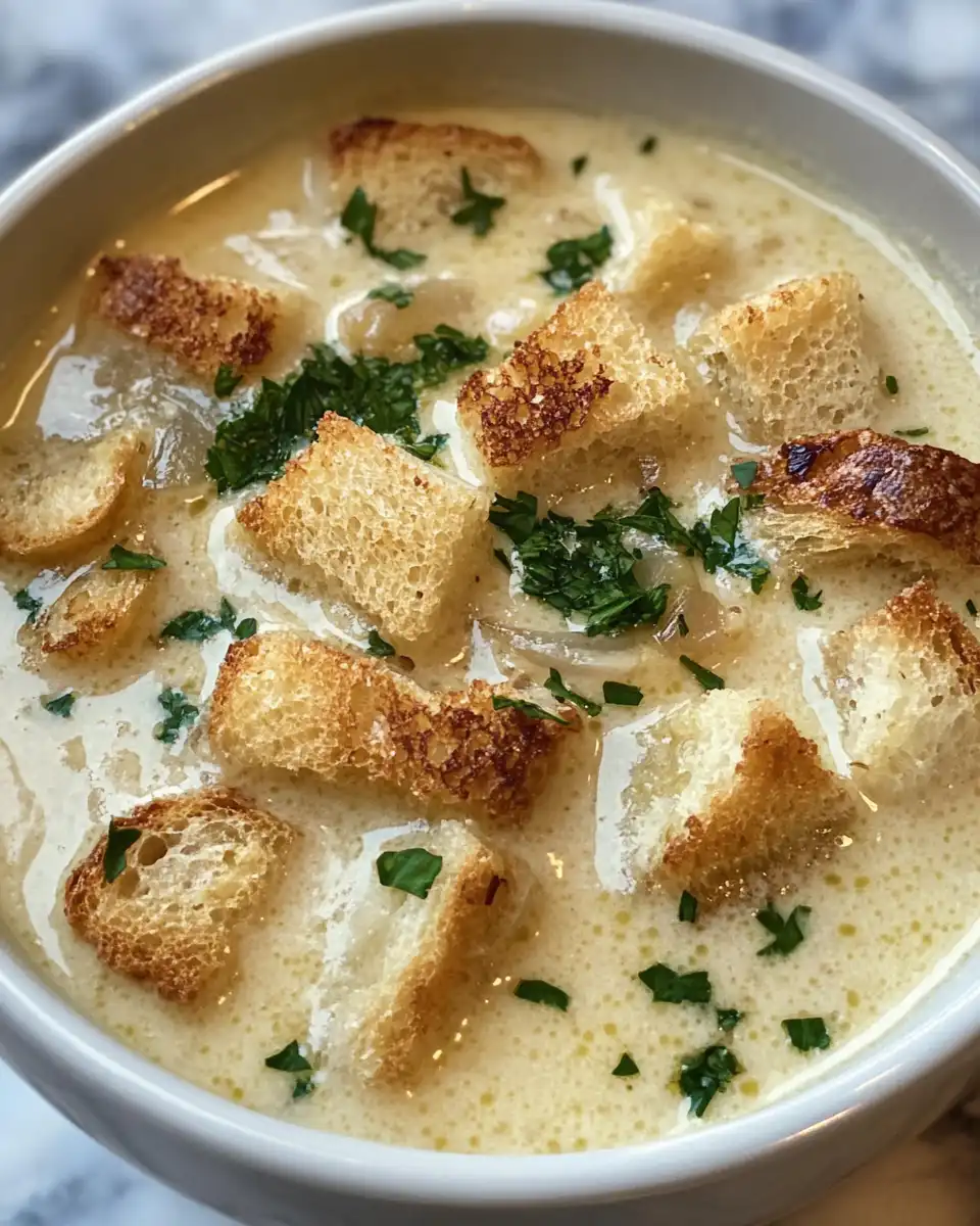 Cheesy crostinis served with French garlic soup in bowls