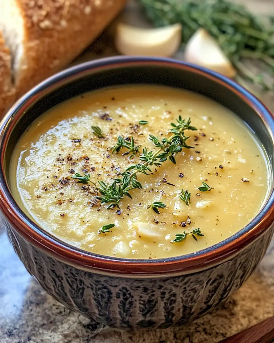 Steaming pot filled with country French garlic soup in pressure cooker